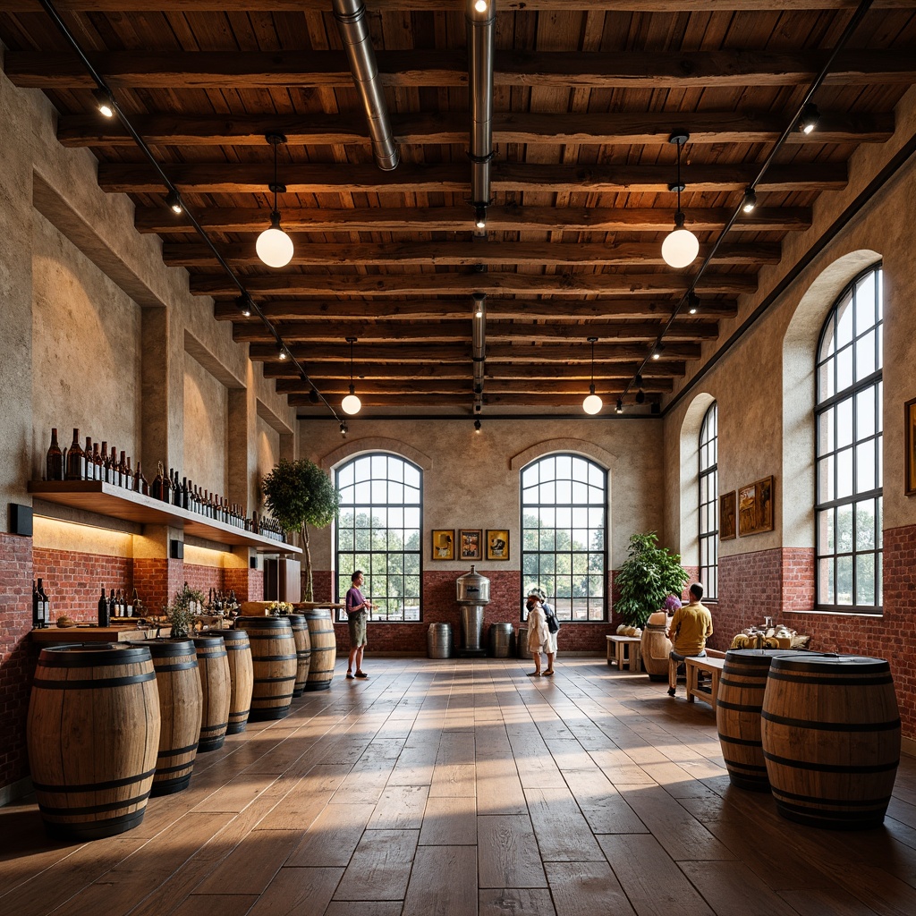 Prompt: Rustic winery interior, exposed wooden beams, industrial metal accents, reclaimed wood floors, vintage wine barrels, earthy color palette, natural stone walls, arched windows, metal track lighting, modern minimalist decor, functional workstations, wooden crates, wine-making equipment, brick-red accent walls, warm ambient lighting, shallow depth of field, 1/1 composition, realistic textures, ambient occlusion.