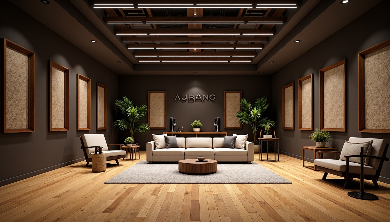 Prompt: Modern recording studio, soundproofing materials, acoustic panels, diffusers, absorbers, wooden flooring, minimalist decor, professional audio equipment, microphones, soundboards, comfortable seating, dimmable LED lighting, calm atmosphere, noise reduction, echo cancellation, optimal sound quality, 1/2 composition, softbox lighting, shallow depth of field, realistic textures.