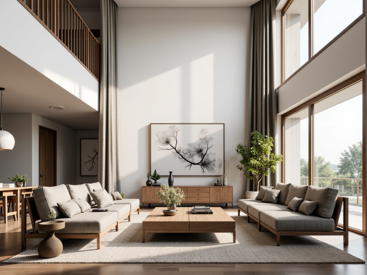 Prompt: Spacious great room, high ceilings, large windows, natural light, comfortable seating area, sleek modern sofa, accent chairs, wooden coffee table, minimalist decor, soft area rug, floor-to-ceiling curtains, neutral color palette, airy atmosphere, warm ambient lighting, 1/1 composition, shallow depth of field, realistic textures, ambient occlusion.