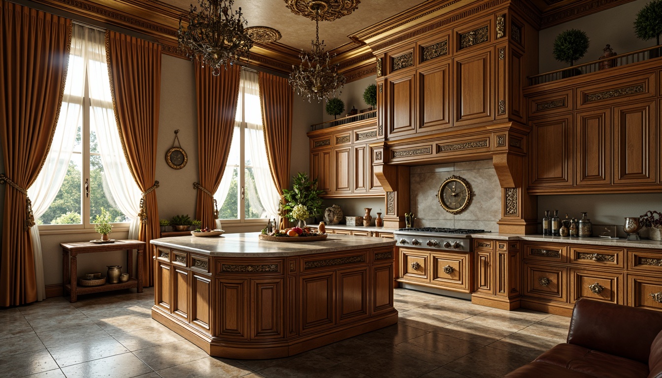 Prompt: Ornate kitchen island, intricately carved wooden cabinetry, polished bronze hardware, richly veined marble countertops, ornamental gilded moldings, crystal chandelier lighting, lavish velvet drapery, warm golden paint tones, distressed leather upholstery, rustic stone flooring, softbox diffused lighting, cinematic composition, highly detailed textures, atmospheric depth of field.