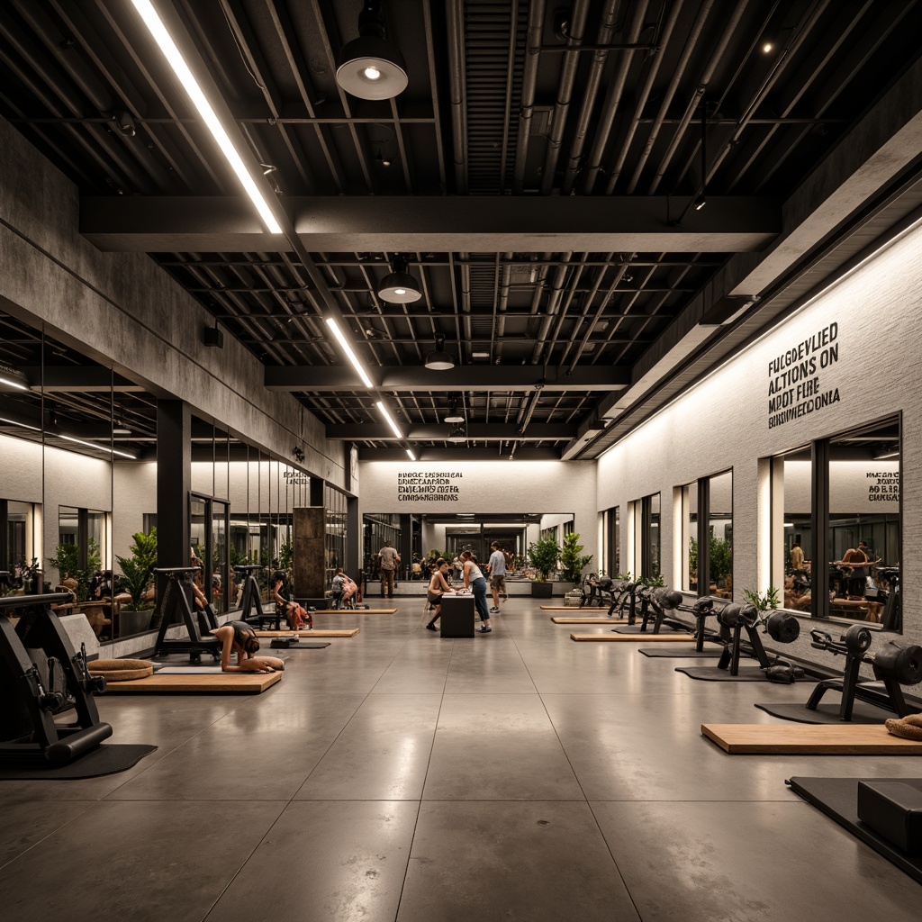 Prompt: Modern fitness studio, industrial chic decor, exposed ductwork, polished concrete floors, dynamic LED light strips, suspended pendant lights, high-intensity spotlights, floor-to-ceiling mirrors, motivational quotes, state-of-the-art exercise equipment, free weights, yoga mats, functional training zones, spacious locker rooms, luxurious showers, soft ambient glow, warm color temperature, shallow depth of field, 1/1 composition, realistic textures, subtle animations.