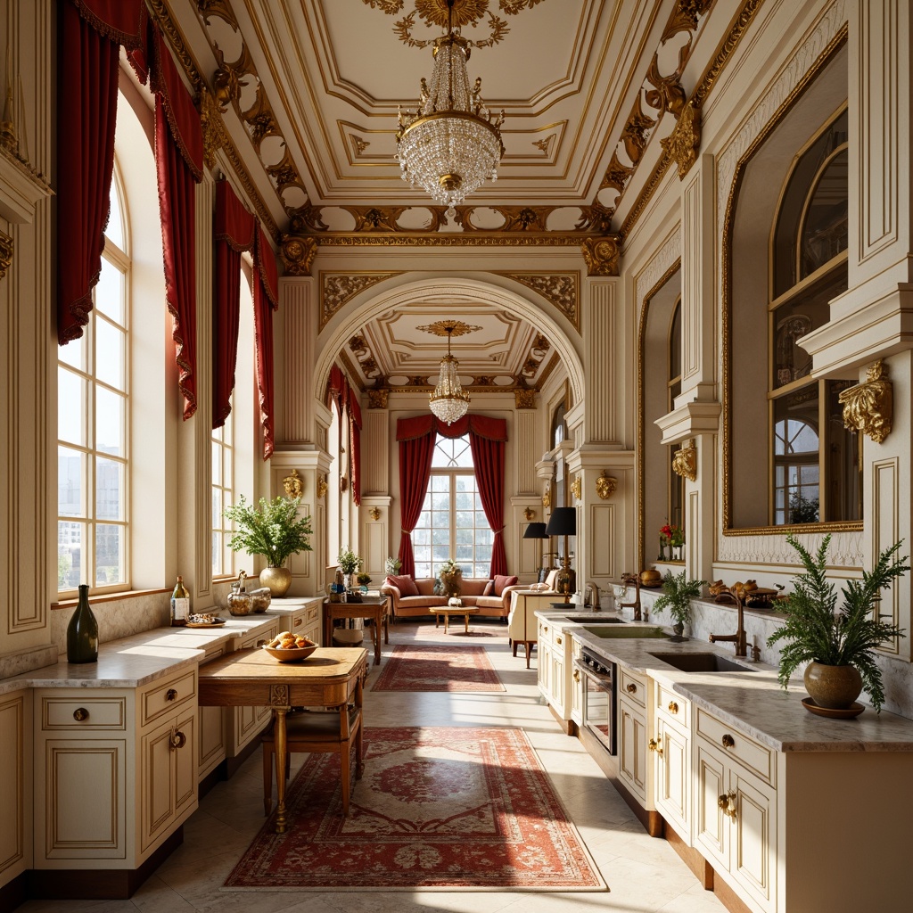 Prompt: Luxurious baroque kitchen, ornate golden fixtures, rich wood tones, creamy marble countertops, warm beige cabinets, soft velvet drapes, crystal chandeliers, intricate carvings, regal red accents, lavish bronze hardware, dramatic high ceilings, opulent furnishings, natural stone flooring, subtle cream textures, elegant archways, sophisticated lighting, 1/2 composition, warm color harmony, realistic reflections.