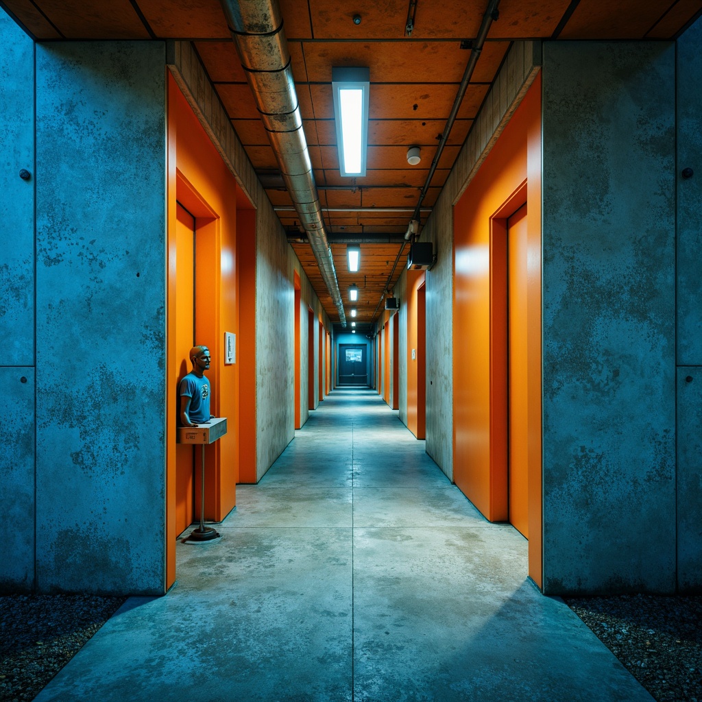 Prompt: Concrete brutalist hospital building, bold color accents, vibrant orange tones, deep blue hues, bright yellow highlights, rugged textures, raw concrete walls, industrial-style lighting fixtures, exposed ductwork, functional simplicity, minimalist decor, sterile environments, medical equipment, stainless steel surfaces, cold atmospheric lighting, dramatic shading, high contrast ratios, 1/1 composition, cinematic mood, realistic materials, ambient occlusion.