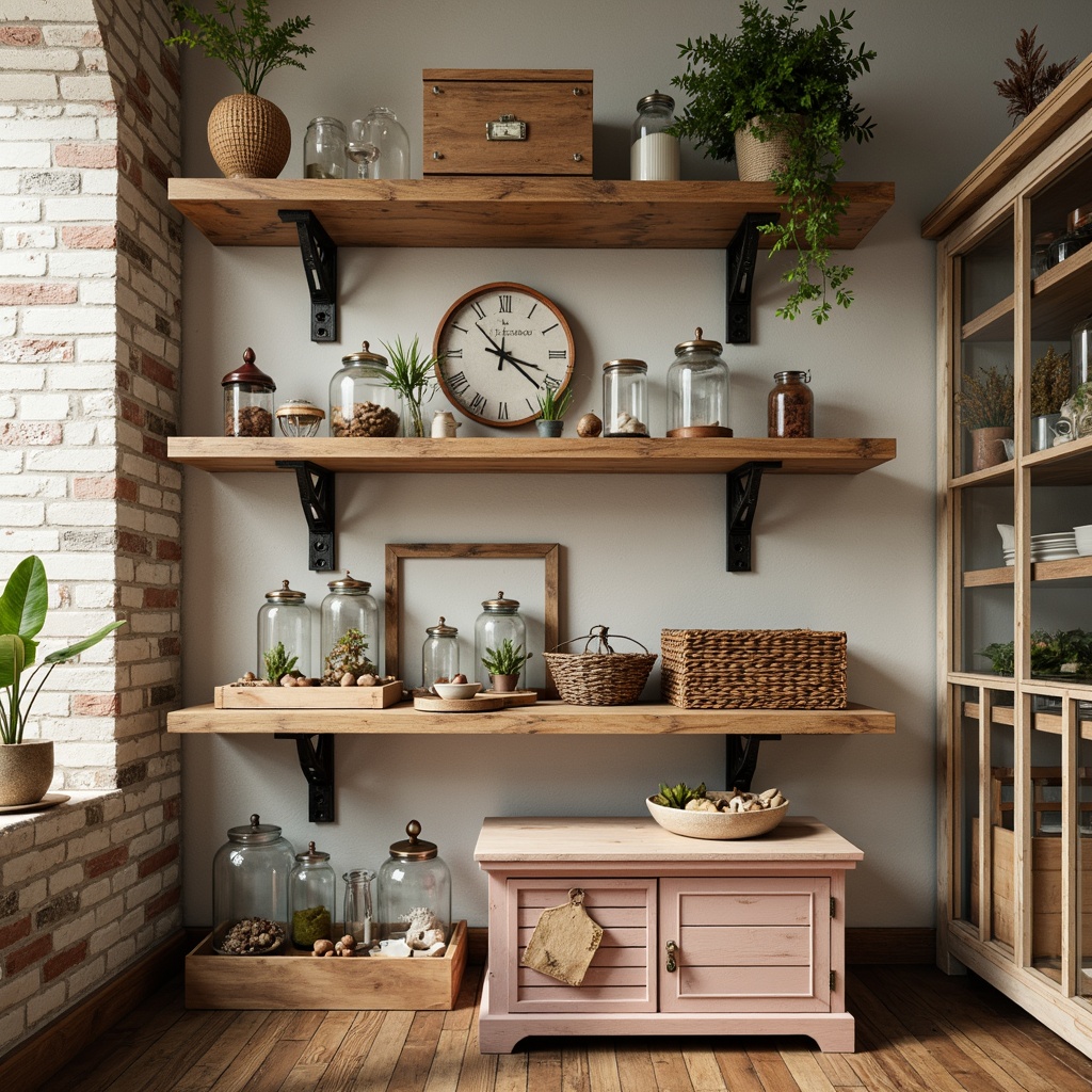 Prompt: Distressed wooden shelves, vintage metal brackets, ornate decorative corbels, soft pastel color scheme, worn brick walls, rustic wooden crates, antique-inspired display cases, mercury glass jars, woven wicker baskets, artificial greenery, warm golden lighting, shallow depth of field, 1/1 composition, realistic textures, ambient occlusion.