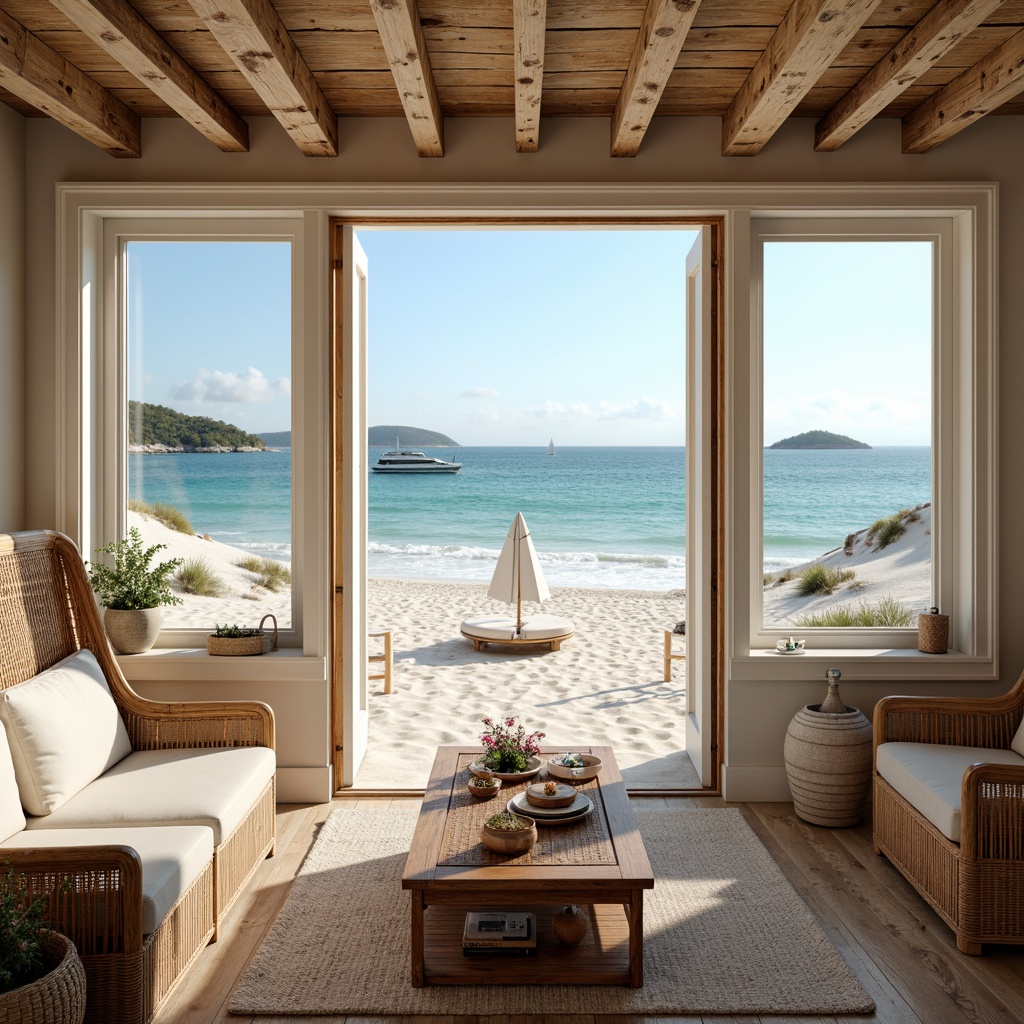 Prompt: Soft sandy beaches, calming ocean views, driftwood accents, natural textures, woven rattan furniture, distressed wood finishes, creamy whites, soothing blues, seafoam greens, coral pinks, sunny warm lighting, shallow depth of field, 1/1 composition, realistic reflections, ambient occlusion, cozy intimate spaces, plush upholstery, nautical rope details, vintage navigation instruments, organic shapes, beachy vibes.