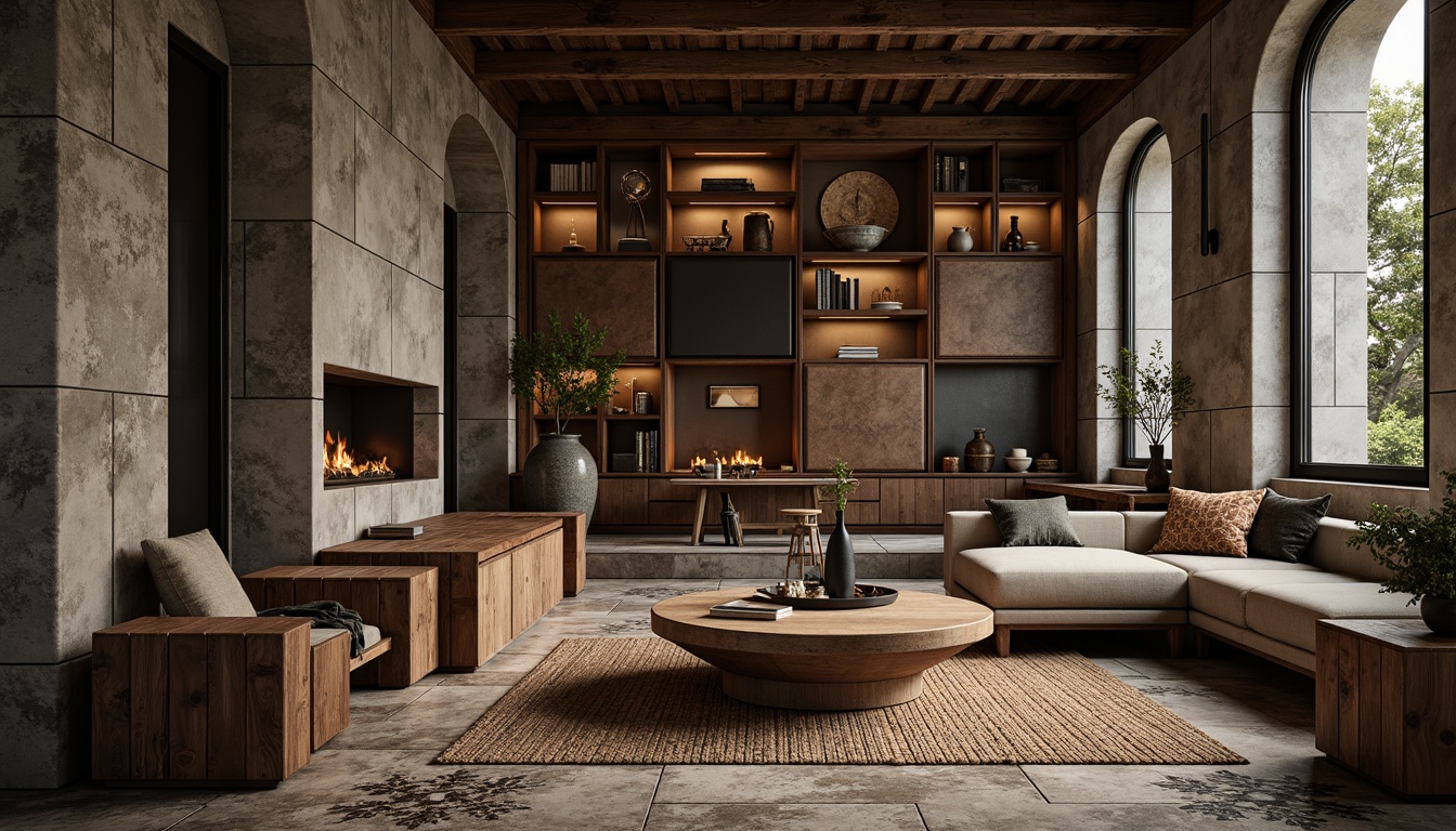 Prompt: Rustic wooden accents, distressed metal panels, rough-hewn stone walls, tactile concrete floors, ornate ceramic tiles, woven fiber rugs, velvety upholstery, richly grained wood furniture, matte black metal fixtures, soft warm lighting, subtle shadows, 1/2 composition, atmospheric perspective, high-contrast textures, intricate details.