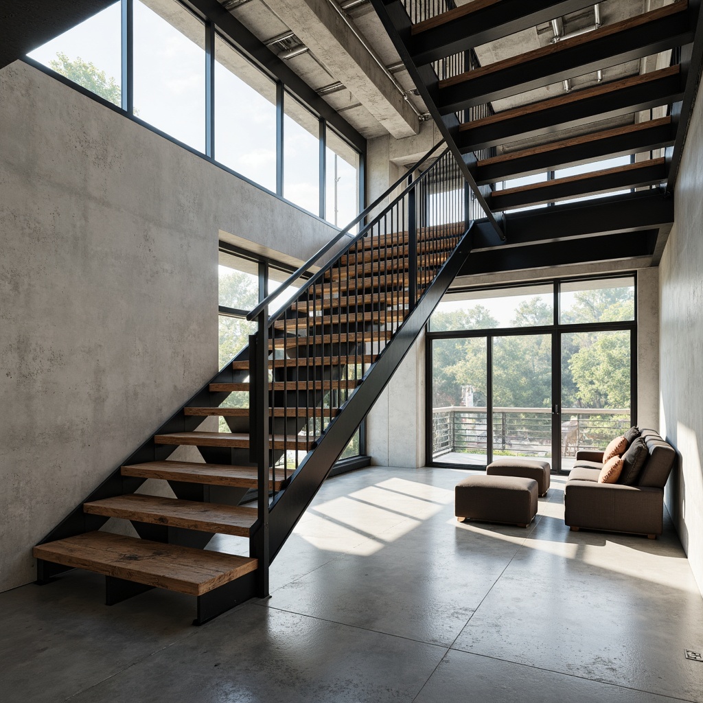 Prompt: Modern industrial staircase, metal railing, steel stringers, wooden or aluminum treads, concrete or epoxy flooring, exposed ductwork, urban loft setting, natural light pouring in, minimalist design, clean lines, functional aesthetic, raw materials, distressed finishes, matte black handrail, stainless steel accents, LED lighting strips, open risers, industrial chic vibe, brutalist architecture, converted warehouse atmosphere, neutral color palette, subtle texture contrast.