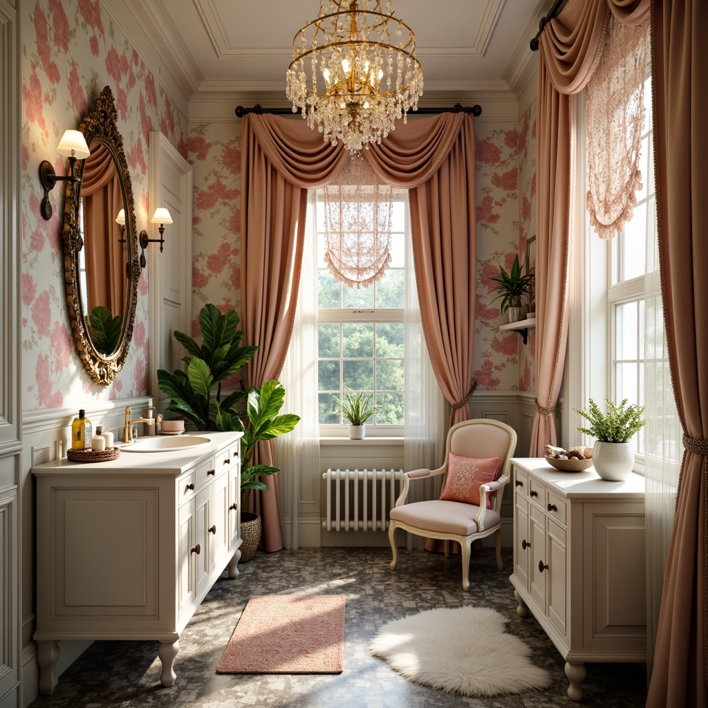 Prompt: Whimsical powder room, distressed finishes, soft pastel hues, ornate mirrors, antique furnishings, floral patterns, lace textures, velvet drapes, crystal chandeliers, marble countertops, feminine accents, luxurious fabrics, vintage accessories, warm golden lighting, shallow depth of field, 1/1 composition, intimate atmosphere, realistic reflections.