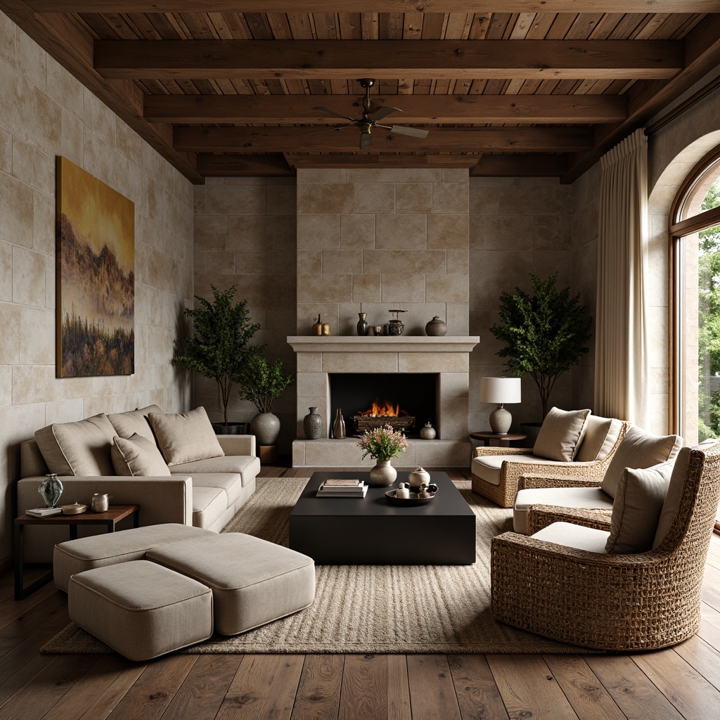 Prompt: Luxurious living room, textured stone walls, reclaimed wood flooring, velvet upholstered sofas, linen drapes, metallic accents, matte black coffee tables, woven wicker armchairs, natural fiber rugs, earthy color palette, warm ambient lighting, softbox shadows, 1/1 composition, intimate atmosphere, realistic materials, detailed textures.