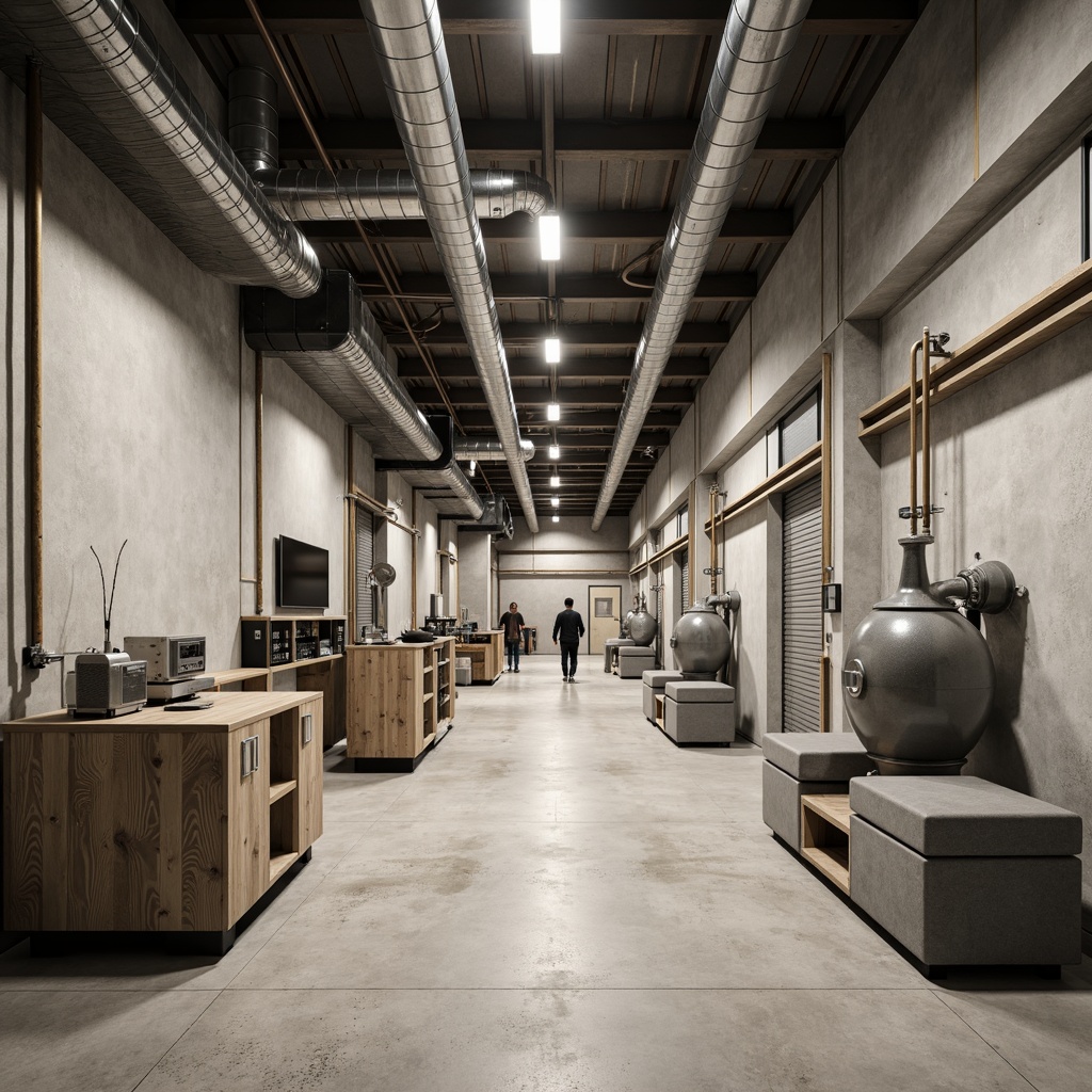 Prompt: Monochromatic factory interior, industrial pipes, metal beams, concrete floors, minimalist decor, neutral color scheme, beige walls, gray machinery, steel workstations, reclaimed wood accents, exposed ductwork, functional lighting, softbox shadows, shallow depth of field, 1/2 composition, realistic textures, ambient occlusion.