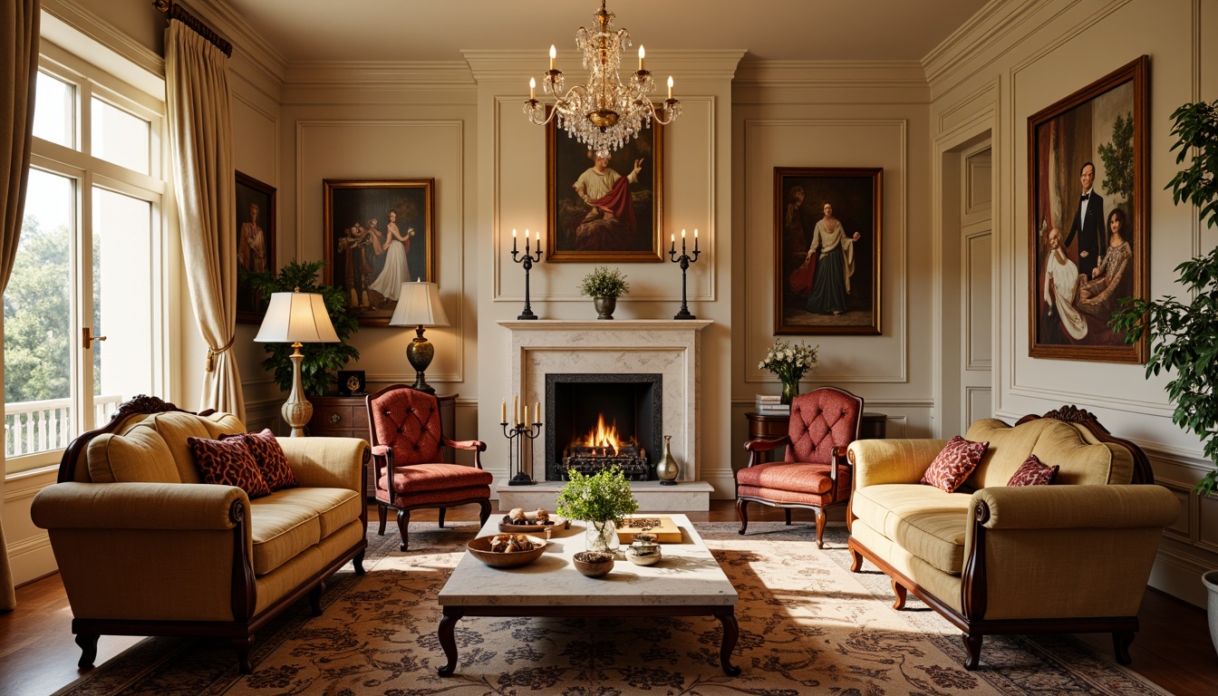 Prompt: Cozy family room, neoclassical furniture, velvet sofas, ornate wooden armchairs, plush carpets, intricate moldings, crystal chandeliers, marble fireplaces, warm beige walls, soft cream curtains, elegant floor lamps, vintage decorative vases, rich tapestries, luxurious fabrics, golden accents, subtle patterned rugs, 1/1 composition, warm softbox lighting, realistic textures, ambient occlusion.