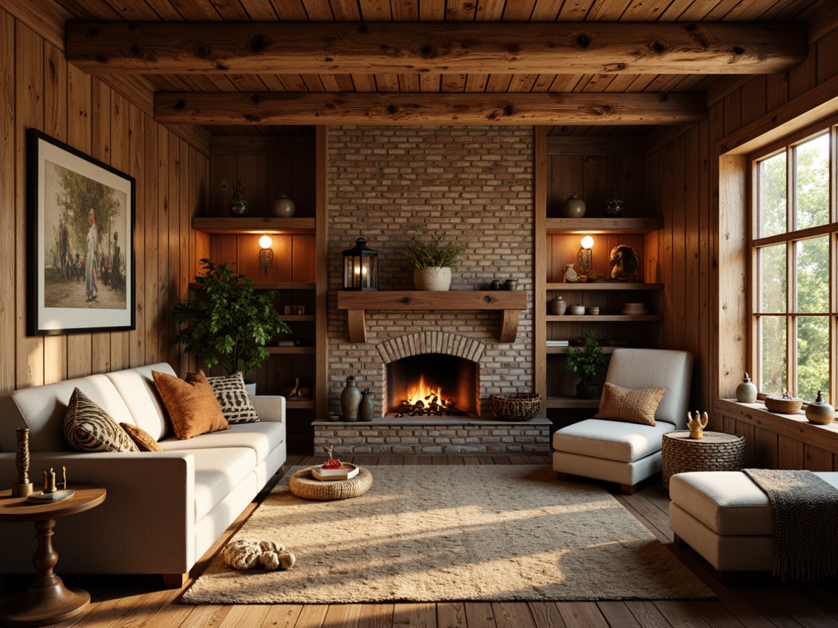 Prompt: Cozy cabin, wooden accents, vintage furniture, distressed finishes, earthy tones, natural textures, woven baskets, pendant lanterns, stone fireplaces, plush throw blankets, reclaimed wood walls, metal decorations, country-inspired patterns, warm golden lighting, shallow depth of field, 1/1 composition, rustic charm, organic shapes, soft warm colors.