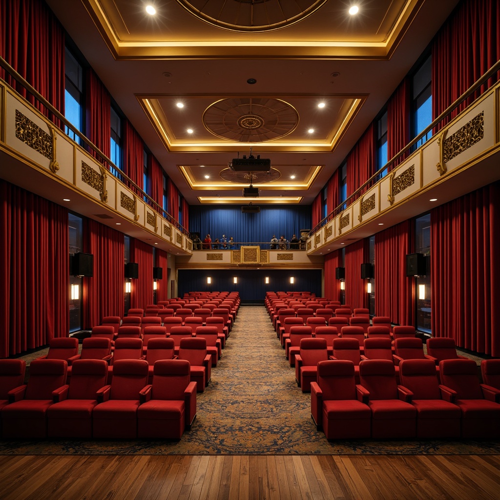 Prompt: Luxurious auditorium interior, rich velvet curtains, deep blue accent walls, warm golden lighting, plush crimson seating, polished wooden floors, ornate metal railings, subtle patterned carpets, dramatic ceiling designs, sophisticated sound systems, ambient LED lights, cozy atmosphere, intimate setting, 1/2 composition, soft focus blur, warm color tones.