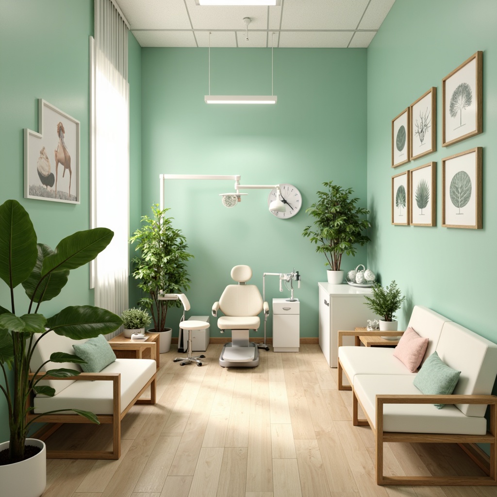 Prompt: Calming dental clinic atmosphere, soft mint green walls, creamy white furniture, warm beige floors, natural wood accents, gentle blue undertones, soothing lighting, minimal ornamentation, modern minimalist decor, clean lines, sterile equipment, comfortable waiting area, lush green plants, serene ambiance, shallow depth of field, 1/1 composition, realistic textures, ambient occlusion.