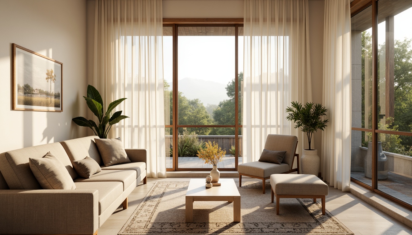 Prompt: Airy living room, large windows, sheer curtains, natural stone flooring, minimal ornamentation, creamy white walls, warm beige furniture, soft cushions, greenery accents, subtle texture variations, gentle morning light, warm afternoon glow, dramatic evening shadows, 1/1 composition, softbox lighting, realistic material reflections.