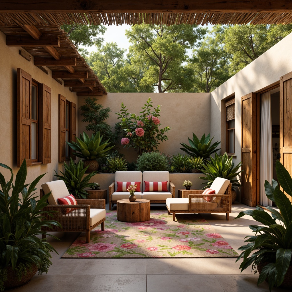 Prompt: Rustic wooden accents, woven rattan furniture, lush greenery, exotic palm trees, vibrant floral patterns, colorful tiki torches, natural stone floors, earthy terracotta pots, distressed wood shutters, tropical leaf-inspired decor, warm beige stucco walls, soft golden lighting, shallow depth of field, 1/2 composition, intimate atmosphere, realistic textures, ambient occlusion.