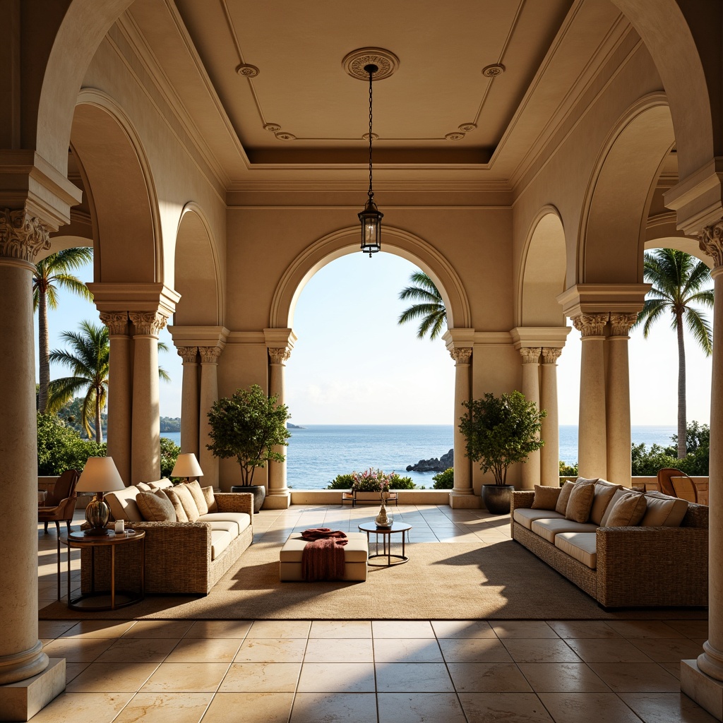 Prompt: Grand Mediterranean great room, high ceilings, archways with ornate details, elegant columns, travertine floors, warm beige walls, lavish furnishings, plush area rugs, floor-to-ceiling windows, breathtaking ocean views, bright natural light, soft warm ambiance, 3/4 composition, realistic textures, ambient occlusion, shallow depth of field.