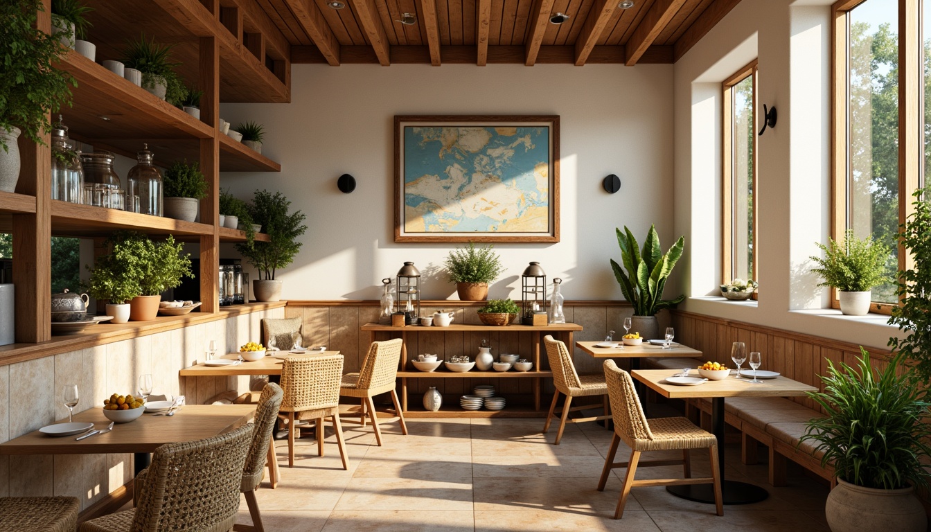 Prompt: Cozy breakfast nook, warm earthy tones, rich wood accents, soft creamy whites, sunny yellow hues, calming blue undertones, natural stone countertops, rustic wooden tables, woven wicker chairs, vintage metal lanterns, lush greenery, morning sunlight, soft diffused lighting, 1/1 composition, intimate atmosphere, inviting textures.