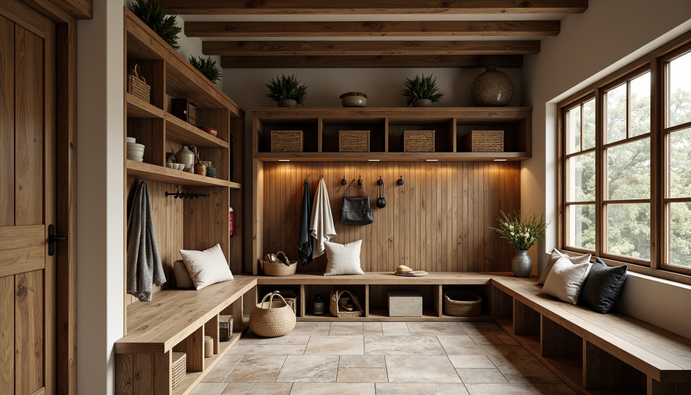 Prompt: Rustic mudroom, wooden benches, woven baskets, natural stone flooring, earthy color palette, modern storage units, sleek metal shelves, industrial-style hooks, reclaimed wood accents, functional design, ample storage space, built-in cabinetry, sliding doors, warm lighting, cozy atmosphere, shallow depth of field, 3/4 composition, realistic textures.