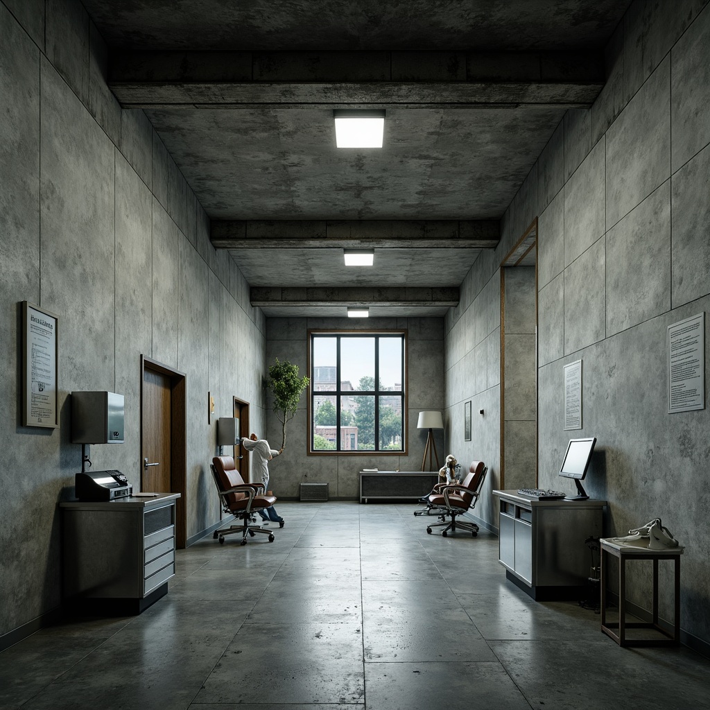 Prompt: Exposed concrete walls, rough-hewn stone floors, weathered steel beams, industrial-style lighting fixtures, minimalist medical equipment, functional furniture, monochromatic color scheme, stark ambient lighting, dramatic shadows, brutalist architectural style, institutional atmosphere, sterile environments, medical charts, stainless steel surfaces, ergonomic design, 3/4 composition, shallow depth of field, realistic textures, ambient occlusion.