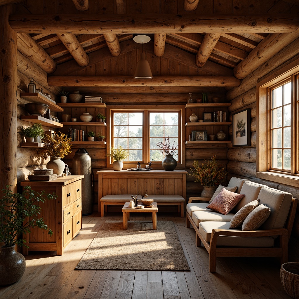 Prompt: Cozy cabin-style interior, warm wooden accents, rustic woodwork details, exposed beams, reclaimed wood flooring, wooden furniture, handcrafted decorations, earthy color palette, natural textiles, woven baskets, vintage metalware, soft warm lighting, shallow depth of field, 1/1 composition, inviting atmosphere, realistic textures, ambient occlusion.