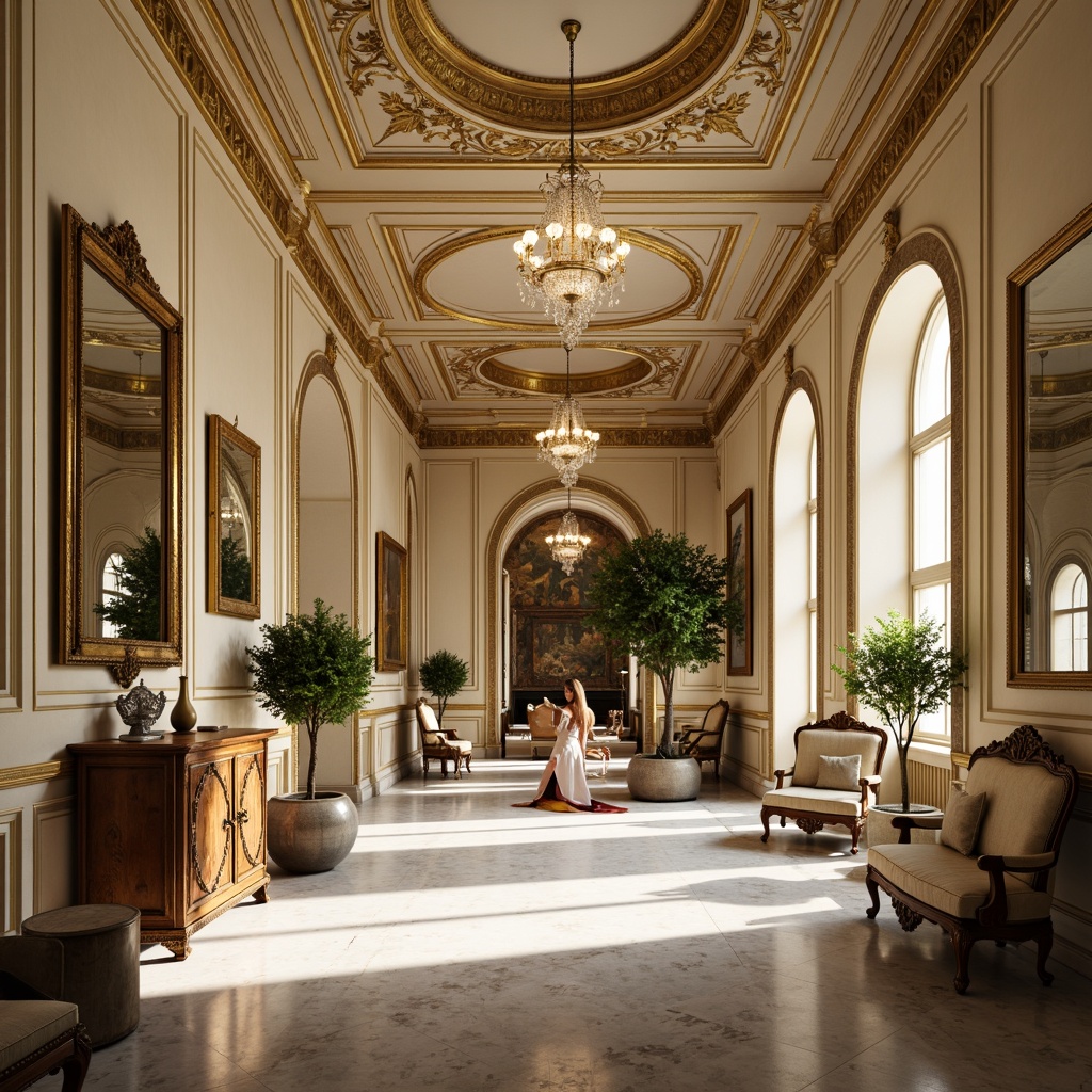 Prompt: Opulent palace interior, ornate gold accents, delicate cream walls, lavish furnishings, intricately carved wooden chairs, velvet upholstery, gilded mirrors, crystal chandeliers, ornamental tapestries, lush greenery, marble floors, curved lines, soft warm lighting, shallow depth of field, 3/4 composition, realistic textures, ambient occlusion.