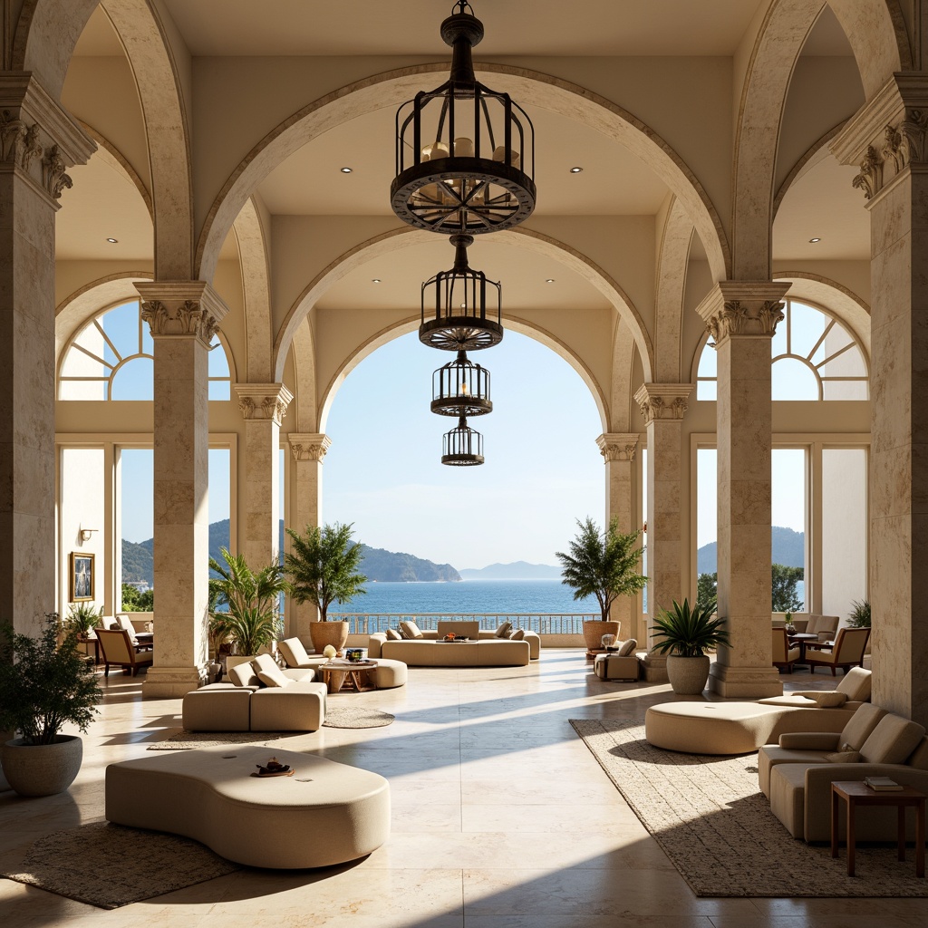 Prompt: Majestic archways, grand Mediterranean great room, high ceilings, ornate chandeliers, marble floors, cream-colored walls, elegant furnishings, plush area rugs, floor-to-ceiling windows, breathtaking ocean views, sunny daytime, warm soft lighting, shallow depth of field, 1/1 composition, realistic textures, ambient occlusion, ornate column details, rustic stone accents, earthy color palette.