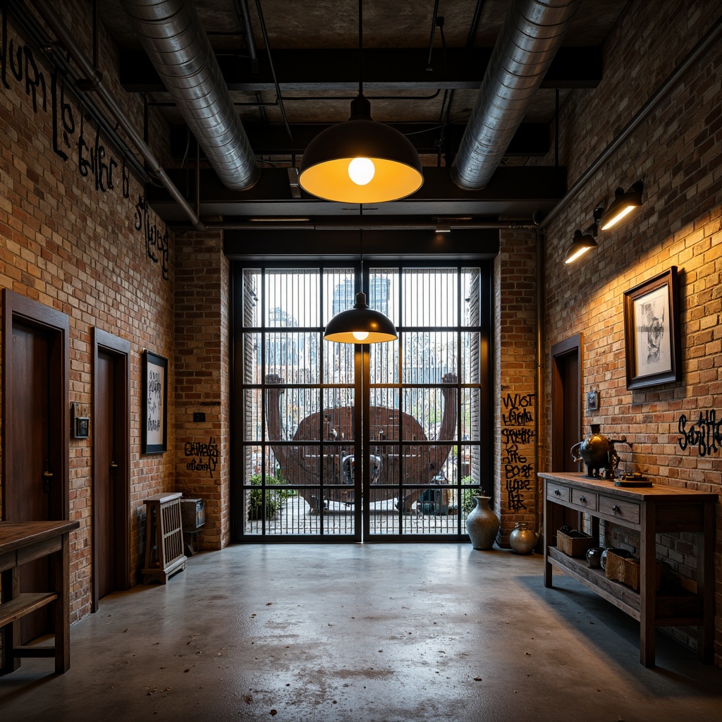 Prompt: Rustic industrial entrance, metal mesh gates, reclaimed wood doors, urban graffiti walls, distressed concrete floors, exposed ductwork ceilings, industrial pendant lamps, steel beams, mechanical equipment displays, vintage manufacturing tools, old factory windows, worn brick textures, gritty urban atmosphere, moody low-key lighting, shallow depth of field, 2/3 composition, realistic metallic reflections.