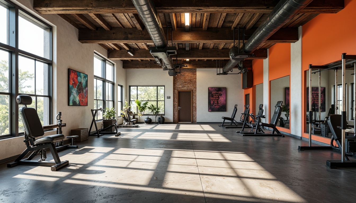 Prompt: Industrial chic home gym, exposed ductwork, polished concrete floors, bold color accents, abstract artwork, oversized windows, natural light pouring in, minimal ornamentation, functional simplicity, sleek exercise equipment, mirrored walls, high ceilings, open concept layout, industrial metal beams, reclaimed wood features, modern fitness machines, motivational quotes, dynamic lighting, 1/1 composition, shallow depth of field, realistic textures, ambient occlusion.