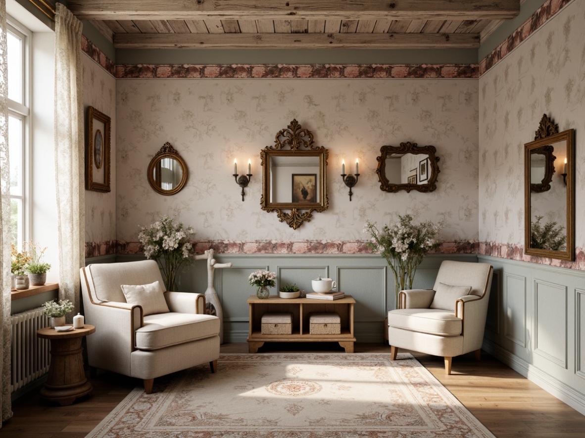 Prompt: Distressed walls, vintage wallpaper, soft pastel colors, floral patterns, worn wooden panels, rustic textures, ornate mirrors, decorative frames, lace curtains, feminine accents, warm candlelight, cozy atmosphere, shabby-chic furniture, distressed finishes, romantic ambiance, soft focus, warm color palette, natural fabrics, elegant molding, vintage accessories, antique decor.