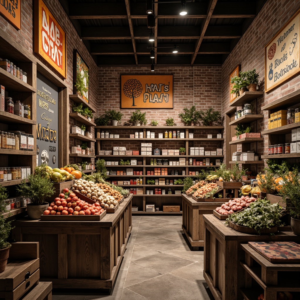 Prompt: Rustic grocery store interior, distressed wooden accents, vintage decorative signs, antique metal shelves, worn brick walls, earthy color palette, natural stone flooring, reclaimed wood planks, matte finish, subtle texture, warm soft lighting, 1/2 composition, atmospheric perspective, realistic reflections, soft focus, worn wooden crates, ornate metal fixtures, floral patterns, distressed leather textures.