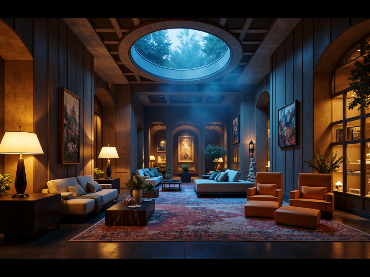 Prompt: Dramatic interior space, intense emotional atmosphere, bold color palette, harsh shadows, accentuated contours, geometric patterns, luxurious textiles, ornate furnishings, oversized lamps, sculptural lighting fixtures, warm golden lighting, cold blue tones, high contrast ratios, chiaroscuro effects, abstract shapes, futuristic elements, avant-garde decorative accents, moody ambiance, cinematic compositions, low-key lighting, dramatic highlights, atmospheric misting.