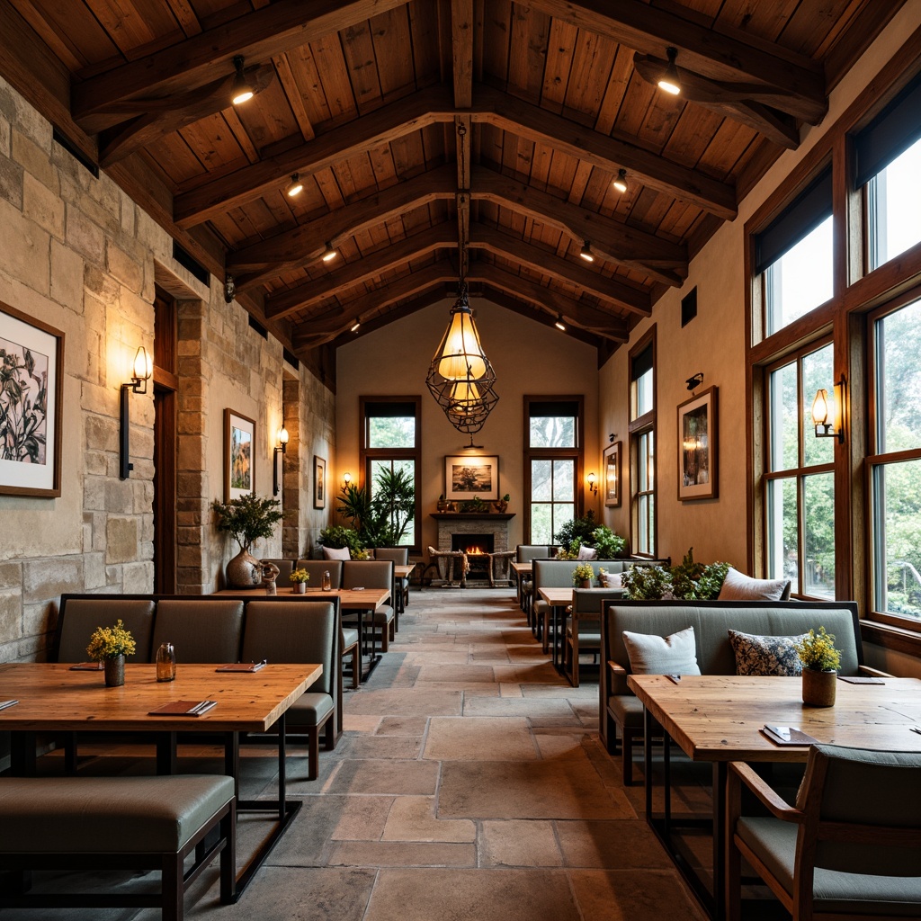 Prompt: Warm Craftsman dining hall, wooden beam ceiling, rustic stone walls, traditional furniture, rich wood tones, earthy color palette, pendant lanterns, wrought iron chandeliers, warm bronze sconces, soft candlelight, cozy ambiance, natural textiles, vintage decorative accents, distressed finishes, industrial-chic lighting fixtures, exposed ductwork, urban loft-inspired design, eclectic mix of antique and modern elements, warm neutral colors, inviting atmosphere, rustic metal shades, glass pendant lights, layered window treatments, botanical prints, nature-inspired artwork.