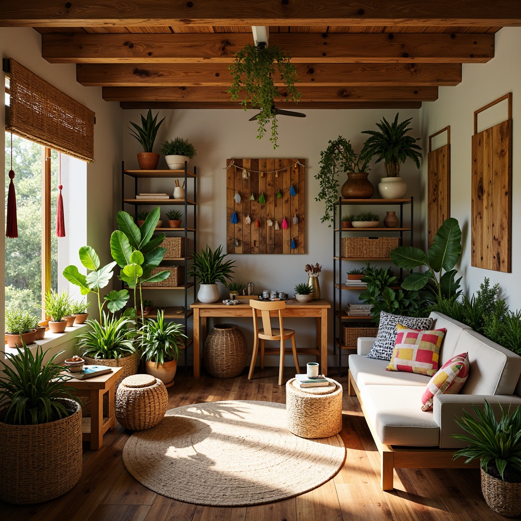 Prompt: Vibrant tropical craft room, natural wood accents, woven rattan furniture, colorful tassel decorations, eclectic storage bins, woven wicker baskets, reclaimed wood shelving, rustic metal decor, lush greenery, exotic potted plants, warm sunny lighting, soft ambient glow, 3/4 composition, shallow depth of field, realistic textures, ambient occlusion.