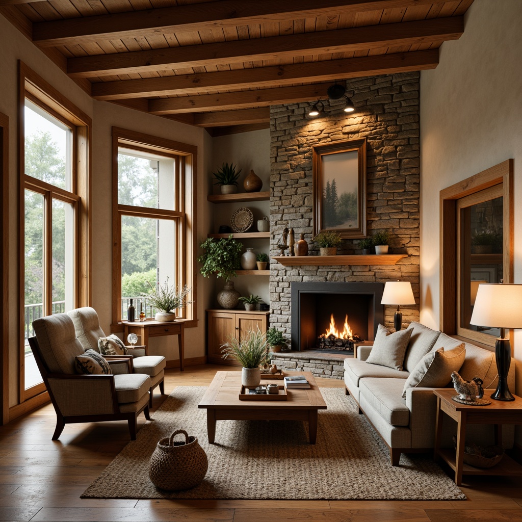 Prompt: Cozy craftsman living room, warm wood accents, rustic wooden furniture, plush throw blankets, natural textiles, earthy color palette, table lamps, floor lamps, pendant lighting, warm soft glow, ambient illumination, warm beige walls, rich wood trim, stone fireplace, comfortable seating area, vintage decorative items, woven baskets, natural fiber rugs, soft diffused light, 1/1 composition, realistic textures, subtle shadows.