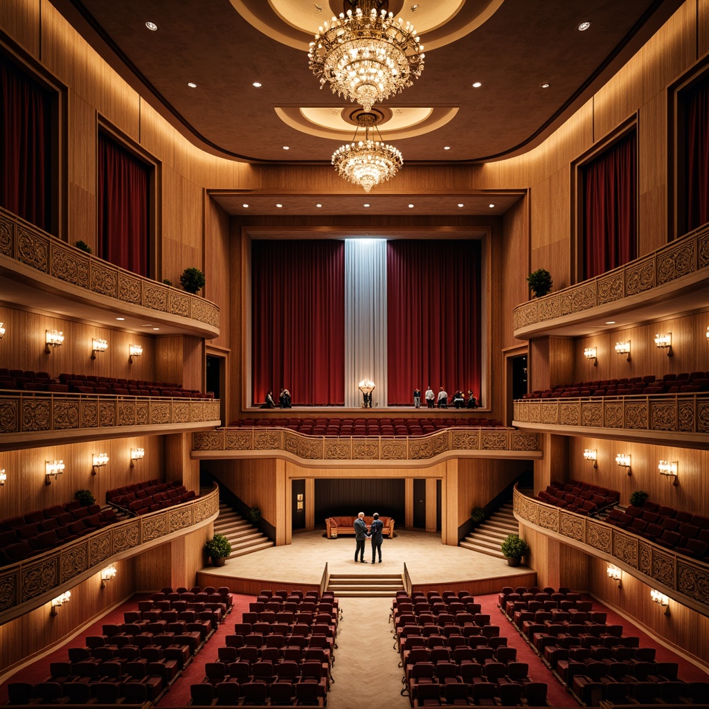 Prompt: Elegant opera house, mid-century modern architecture, curved lines, minimalist ornamentation, grand foyer, sweeping staircases, rich wood tones, lavish chandeliers, red velvet curtains, ornate balconies, intimate performance spaces, dramatic lighting effects, soft warm glow, shallow depth of field, 3/4 composition, panoramic view, realistic textures, ambient occlusion, luxurious VIP areas, plush seating, sophisticated sound systems, state-of-the-art acoustics.