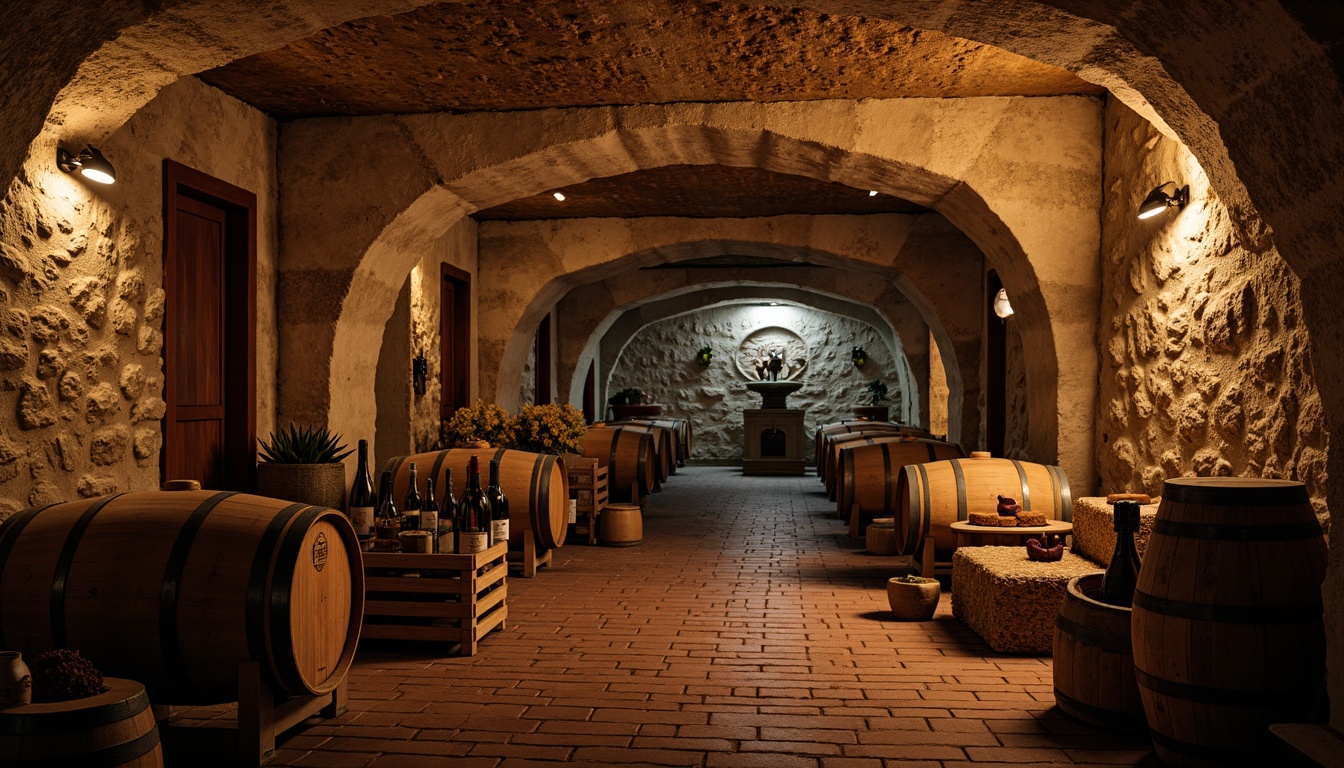 Prompt: Rustic wine cellar, stone walls, arched ceilings, wooden barrels, oak casks, dim warm lighting, earthy aromas, brick floors, vaulted doors, metal lanterns, wooden crates, vintage wine bottles, dusty atmosphere, soft warm glow, shallow depth of field, 1/1 composition, realistic textures, ambient occlusion.