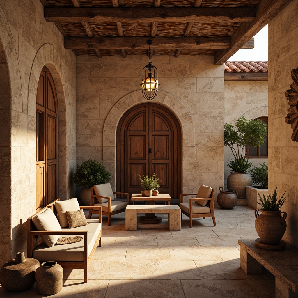 Prompt: Earthy monastery, rustic stone walls, terracotta rooftops, warm beige arches, ornate wooden doors, weathered copper accents, vintage lanterns, natural fiber textiles, distressed wood furniture, earthy brown ceramics, soft candlelight, warm afternoon sun, shallow depth of field, 1/2 composition, symmetrical framing, realistic stone textures, ambient occlusion.