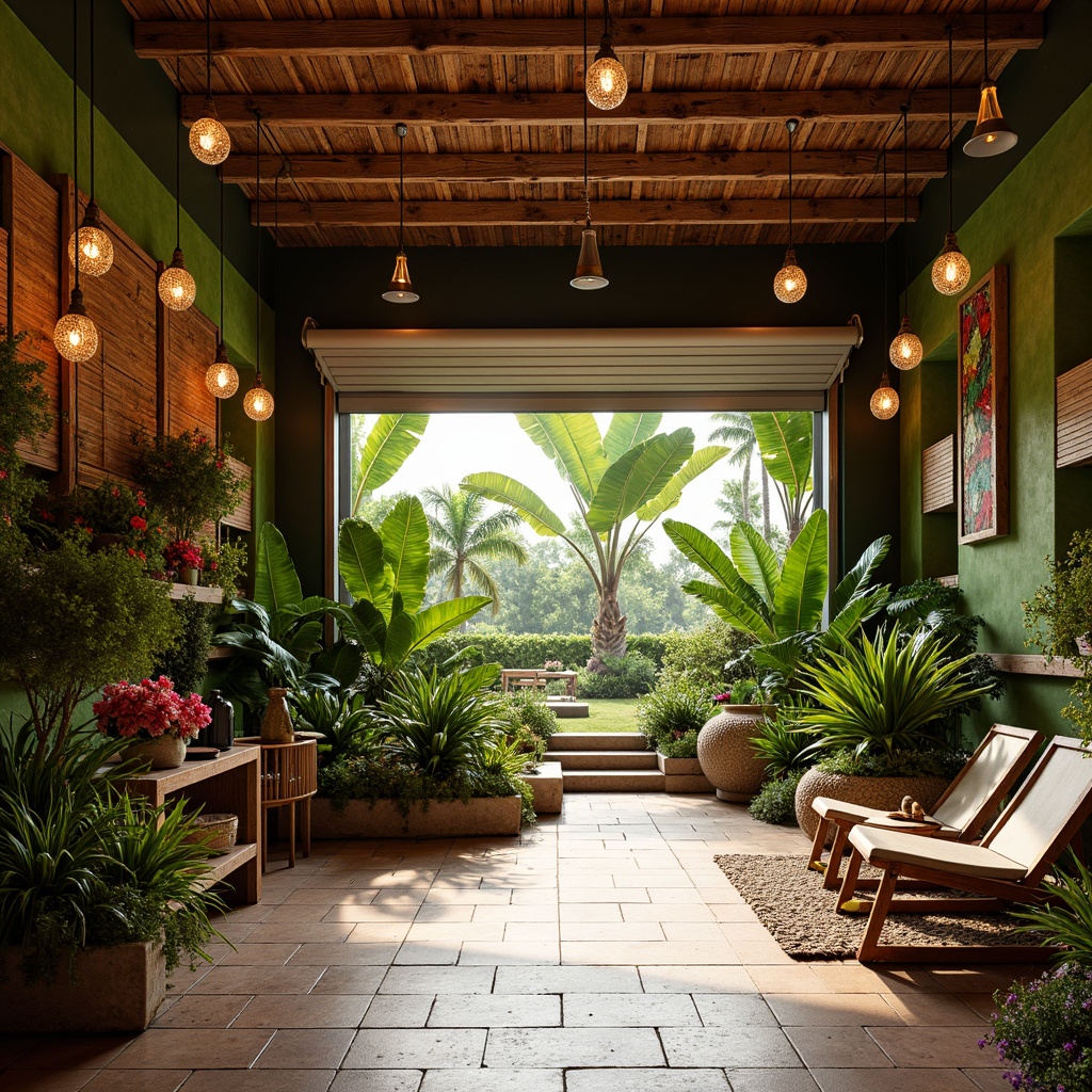 Prompt: Vibrant tropical garage, warm natural light, rustic wooden doors, lush greenery walls, exotic flower arrangements, colorful lanterns, woven bamboo shades, earthy stone floors, reclaimed wood accents, modern minimalist chandeliers, soft warm glow, shallow depth of field, 1/1 composition, realistic textures, ambient occlusion.