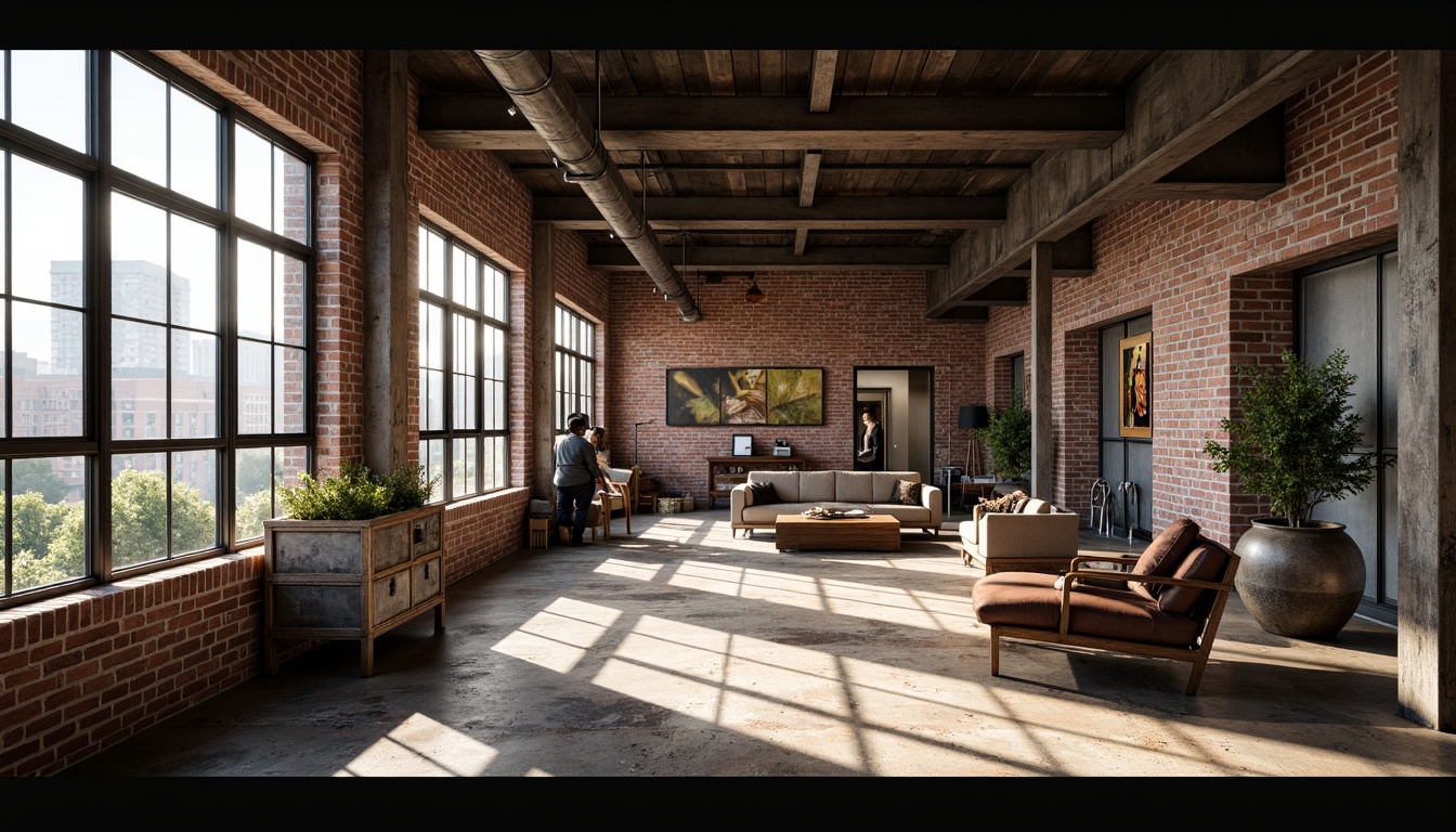 Prompt: Rustic industrial interior, exposed brick walls, metal beams, reclaimed wood floors, vintage factory windows, distressed concrete textures, urban cityscape views, modern minimalist decor, functional lighting fixtures, industrial-style furniture, metallic accents, worn leather upholstery, functional storage crates, eclectic decorative artifacts, warm atmospheric lighting, shallow depth of field, 1/1 composition, realistic material renderings.