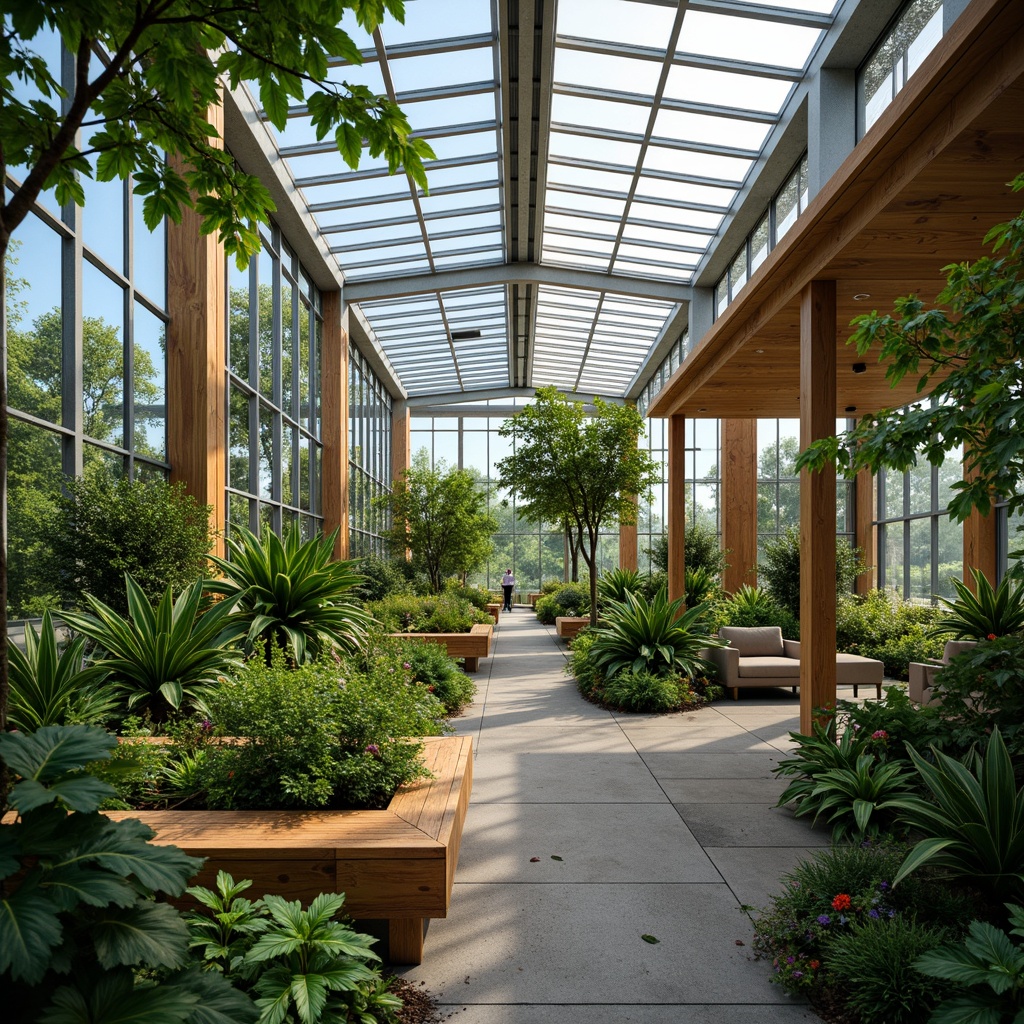 Prompt: Vibrant greenhouse interior, lush tropical plants, textured glass surfaces, rustic wooden accents, natural stone flooring, modern academic architecture, sleek metal frames, energy-efficient systems, misting irrigation systems, warm soft lighting, shallow depth of field, 3/4 composition, realistic plant textures, ambient occlusion, educational displays, interactive exhibits, botanical illustrations, comfortable seating areas, tranquil atmosphere.