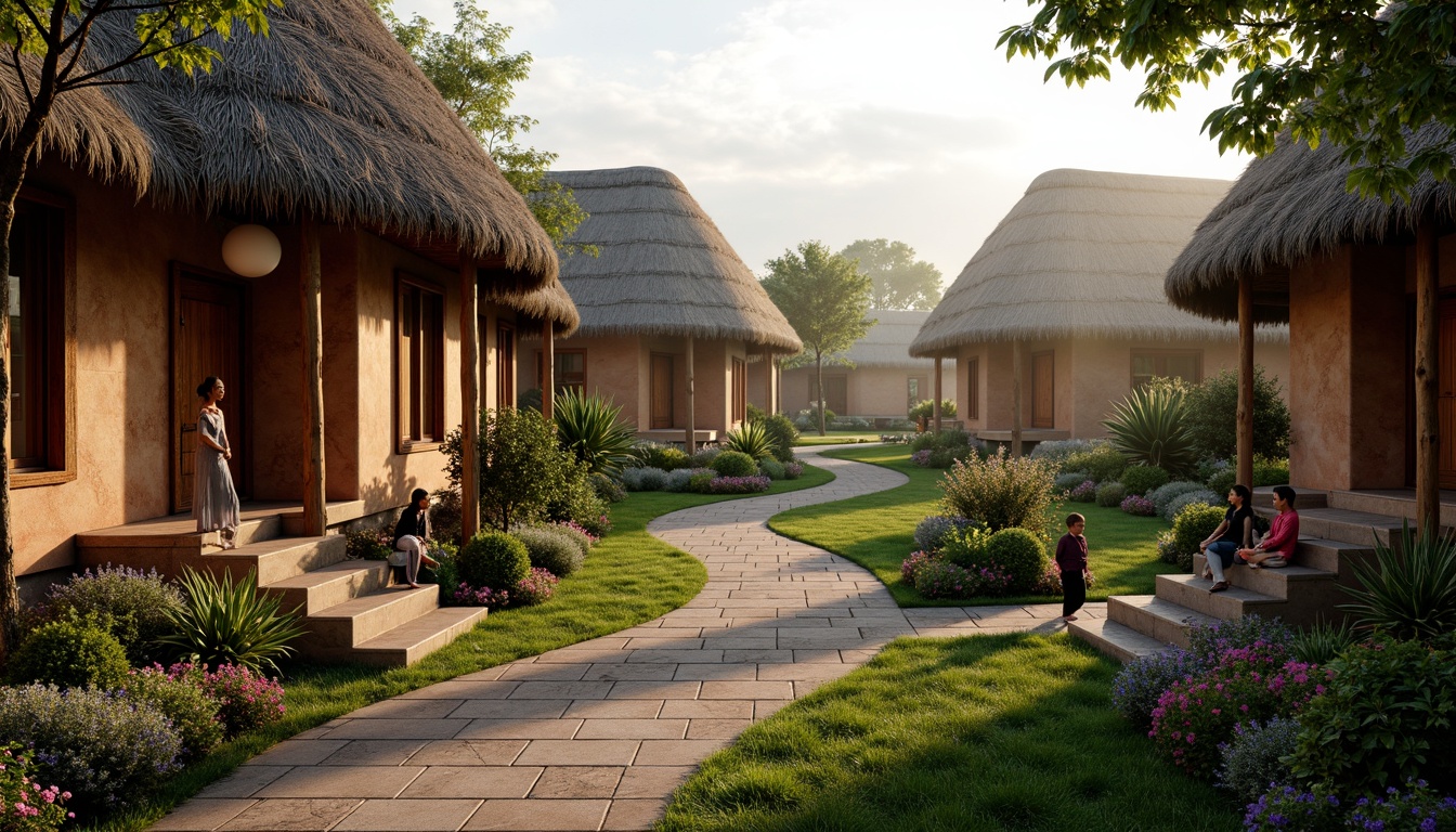 Prompt: Traditional community architecture, natural materials, earthy tones, wooden structures, thatched roofs, clay walls, stone foundations, rustic charm, cozy atmosphere, lush greenery, vibrant flowers, winding paths, lantern-style lighting, warm ambient glow, soft misty morning, shallow depth of field, 1/1 composition, realistic textures, ambient occlusion.