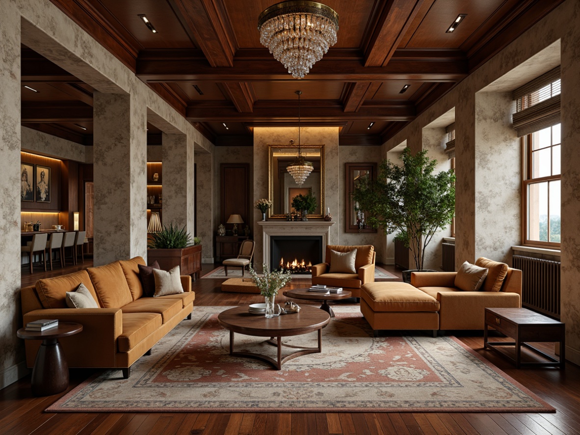 Prompt: Luxurious living room, rich wood flooring, textured stone walls, velvet sofas, patterned rugs, metallic accents, crystal chandeliers, soft warm lighting, shallow depth of field, 1/1 composition, realistic textures, ambient occlusion, earthy tone color palette, natural materials, tactile finishes, ornate moldings, decorative trims, sumptuous fabrics, intricate patterns.