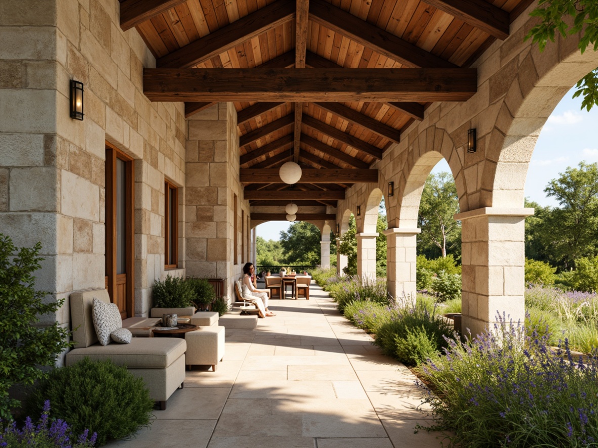 Prompt: Rustic farmhouse, natural stone walls, wooden beams, earthy tones, warm beige, soft sage, muted terracotta, distressed wood accents, vintage metal decor, lush greenery, wildflowers, sunny day, soft warm lighting, shallow depth of field, 3/4 composition, panoramic view, realistic textures, ambient occlusion.