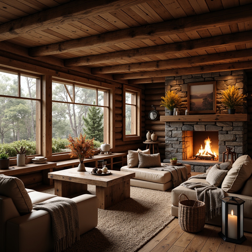 Prompt: Rustic wooden cabins, earthy tones, natural stone walls, reclaimed wood furniture, vintage metal lanterns, distressed finishes, cozy fireplaces, plush throw blankets, woven wicker baskets, pinecone decorations, autumnal color palette, warm candlelight, shallow depth of field, 1/1 composition, realistic textures, ambient occlusion.