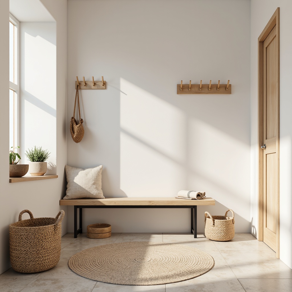 Prompt: Minimalist entrance hall, light wood tones, natural materials, woven baskets, simple console table, industrial metal legs, wooden wall hooks, minimalist coat rack, soft pastel colors, creamy whites, beige stones, warm textile rugs, Nordic-inspired patterns, cozy ambiance, softbox lighting, shallow depth of field, 3/4 composition.