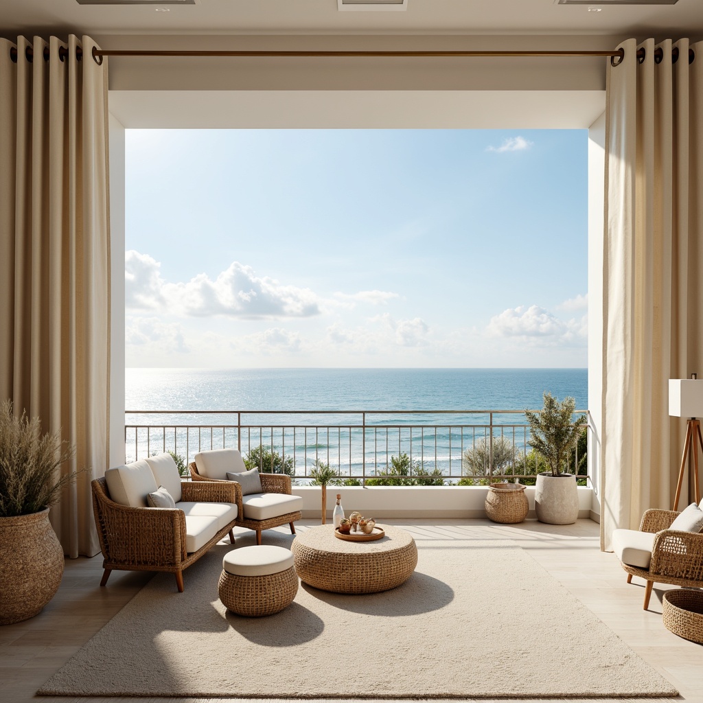 Prompt: Soft pastel colors, calming ocean views, gentle sea breeze, driftwood furniture, woven seagrass baskets, natural fiber rugs, plush area carpets, creamy white walls, shell-inspired decorative accents, warm beige curtains, billowy clouds, sunny day, softbox lighting, 1/1 composition, serene atmosphere, peaceful ambiance, gentle color palette.