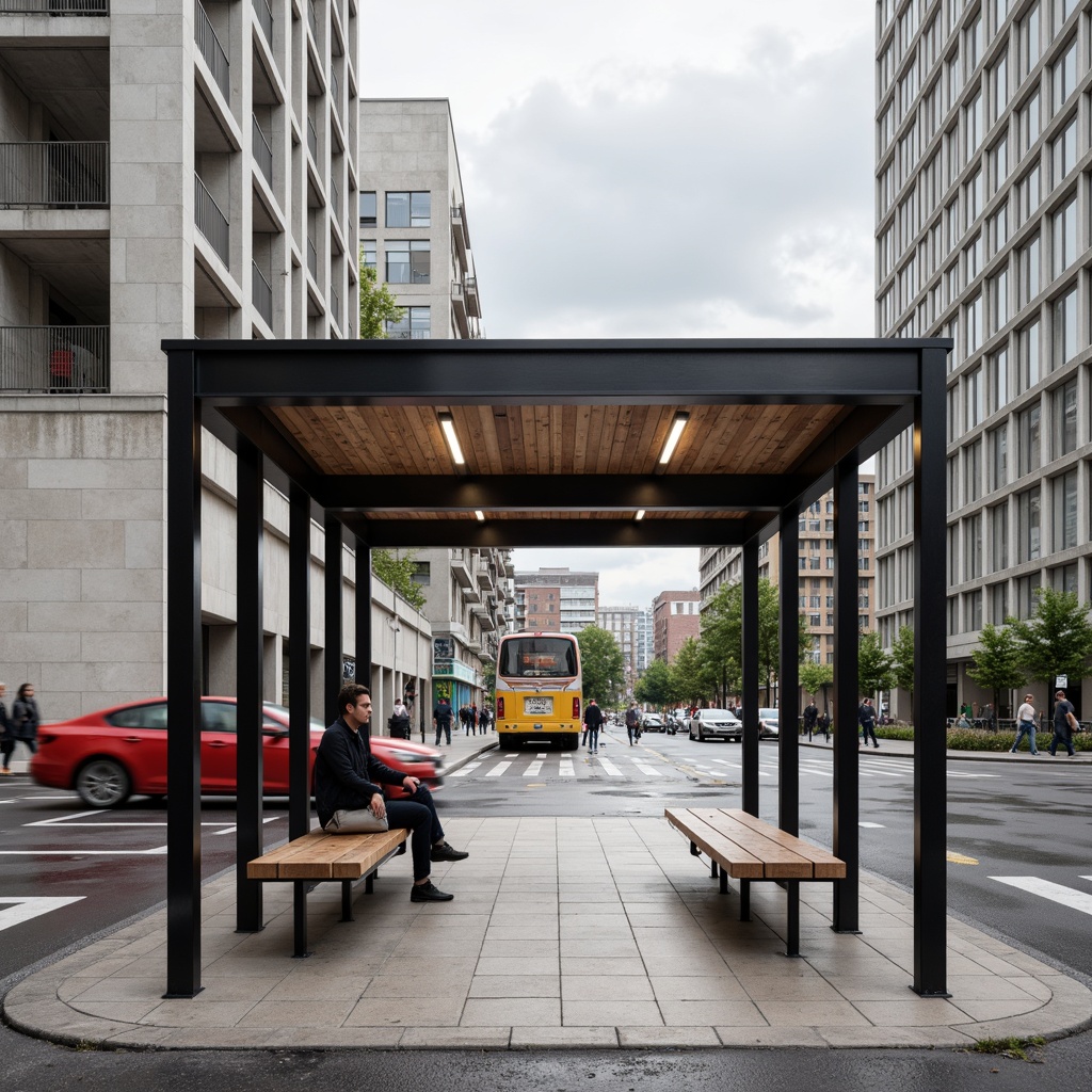 Prompt: Bauhaus-style bus station, industrial materials, exposed concrete walls, steel frames, minimalist architecture, functional design, rectangular shapes, clean lines, neutral color palette, metal benches, industrial lighting fixtures, wooden accents, geometric patterns, urban landscape, busy streets, modern cityscape, cloudy sky, soft diffused lighting, shallow depth of field, 3/4 composition, symmetrical view, realistic textures, ambient occlusion.