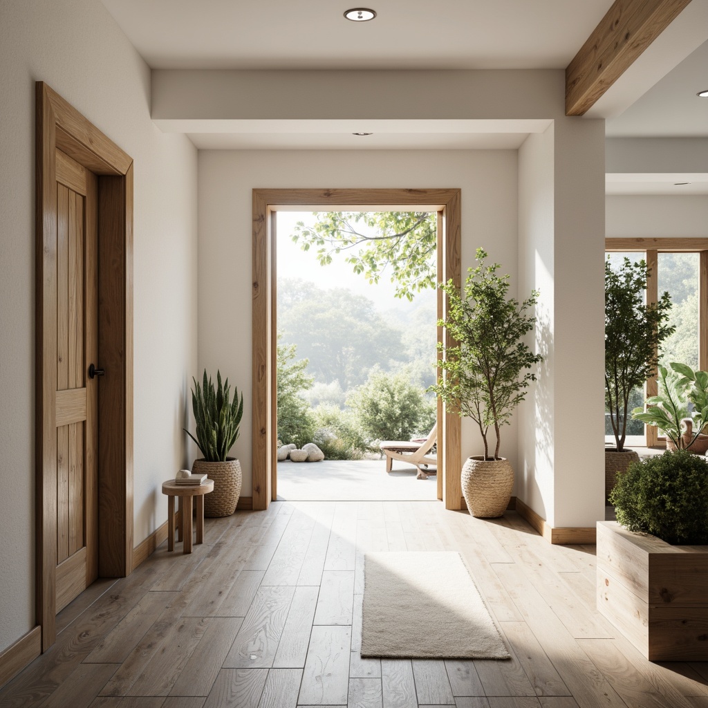 Prompt: Light-filled entrance hall, minimalist decor, natural materials, wooden accents, rustic charm, light grey or beige hardwood flooring, wide planks, matte finish, subtle texture, Nordic-inspired patterns, woven baskets, potted greenery, soft warm lighting, shallow depth of field, 1/1 composition, realistic textures, ambient occlusion.