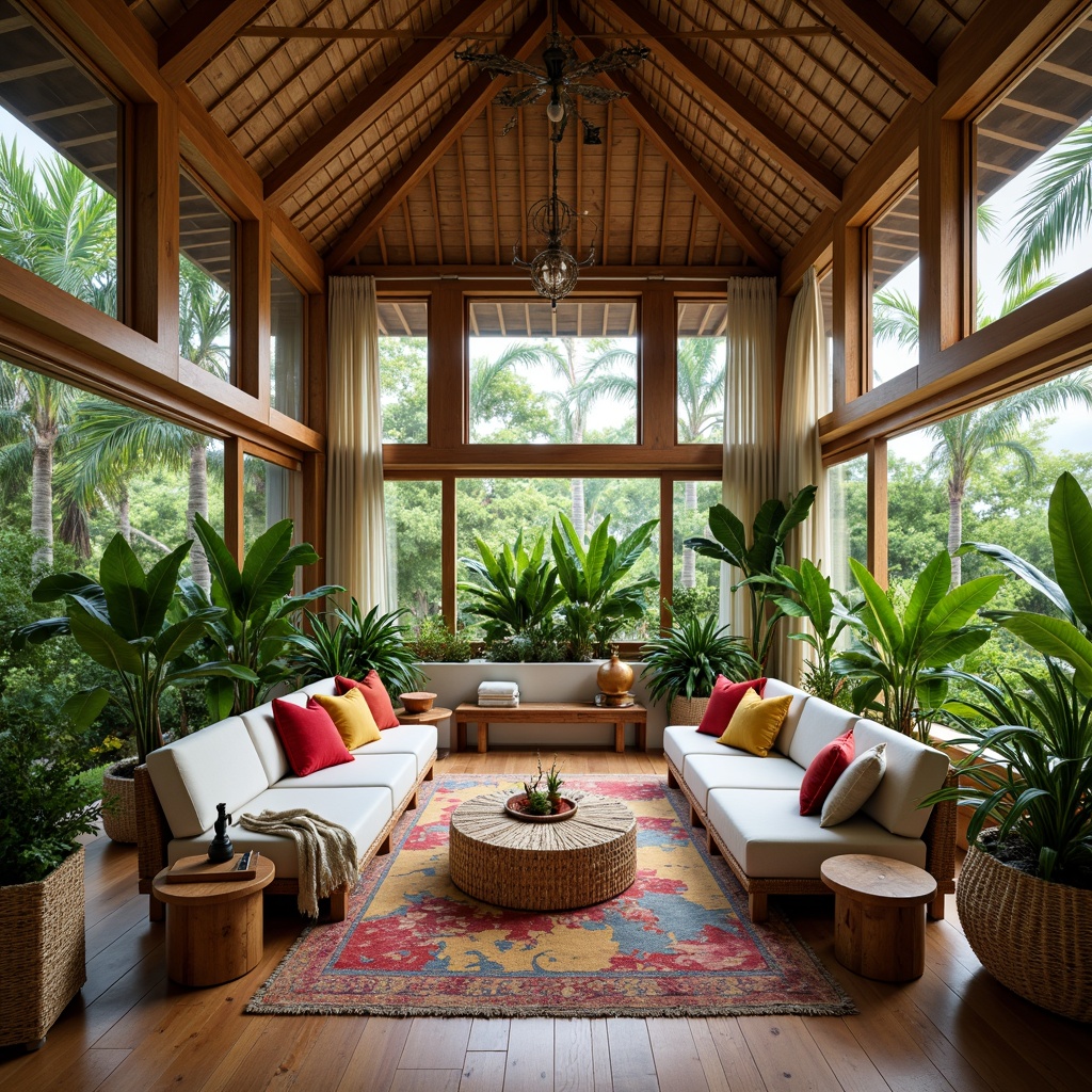 Prompt: Tropical living room, lush greenery, natural wood accents, rattan furniture, vibrant colorful textiles, exotic plants, high ceilings, large windows, sliding glass doors, open floor plan, minimal ornamentation, soft warm lighting, shallow depth of field, 3/4 composition, panoramic view, realistic textures, ambient occlusion, calm atmosphere, refreshing air circulation, natural ventilation systems.